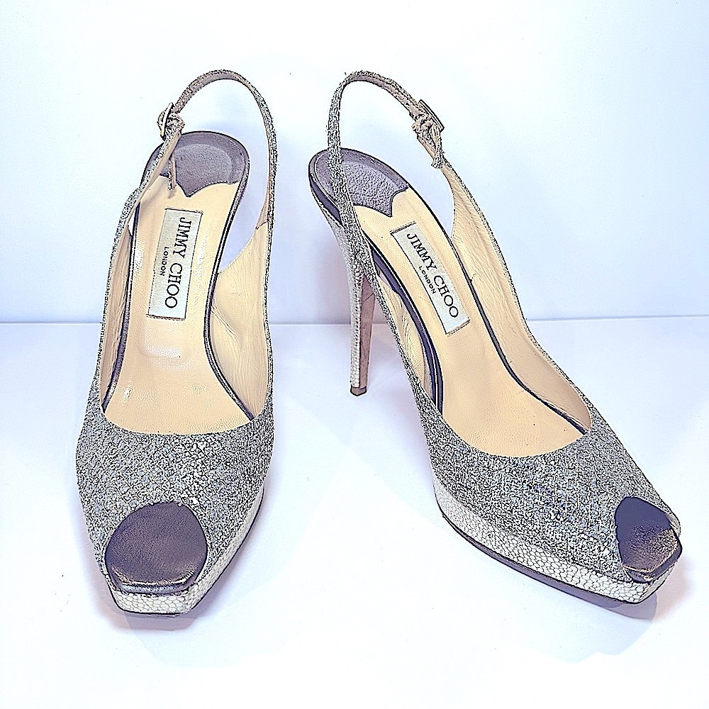 Jimmy Choo Nova Metallic Platinum Silver Sparkle Peep Toe Slingback Pumps, Sz 39